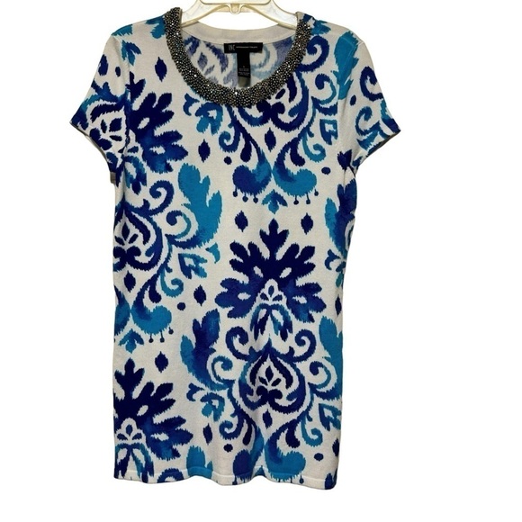 INC International Concepts Blue White Short Sleeve Top Rhinestone Collar Size S - Picture 1 of 6